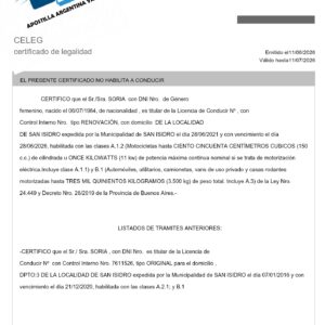 Certificado de Legalidad de Licencia de Conducir Argentina