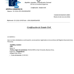 Certificado de estado civil o soltería